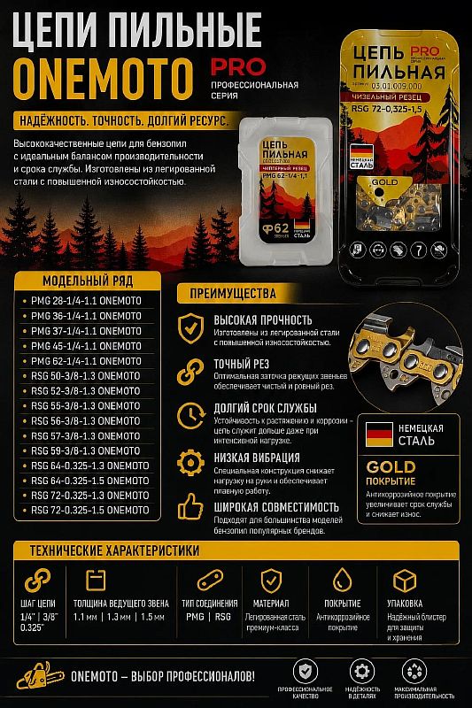 Цепь для пил PMG 28-1/4-1.1 (пласт. кейс, кругл зуб, GOLD,50шт/уп) ONEMOTO
